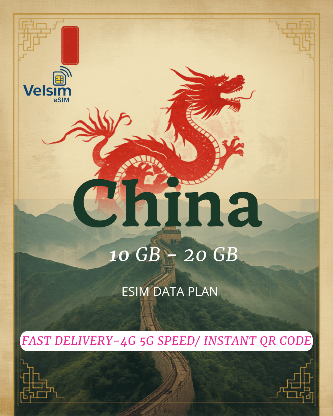 Tarjeta SIM de viaje para China (eSIM) | 10 GB | 30 días | Entrega rápida mediante código QR